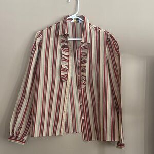 Striped Ruffle Blouse - Red and Cream